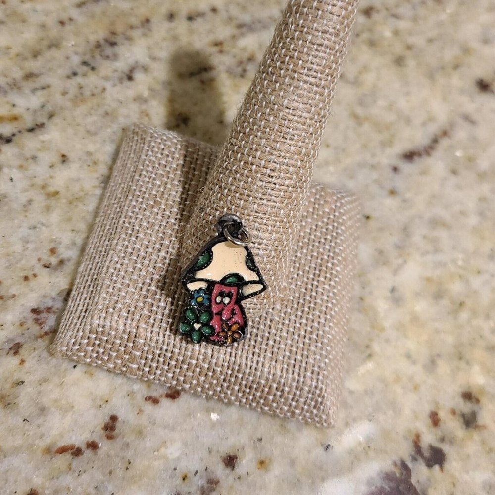 Vintage Image Mushroom Charm Pendant. Stained Glass Look Style